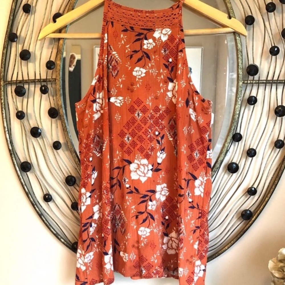 Mudd Boho Crochet Halter Neck Floral Print Tank Top Size XS